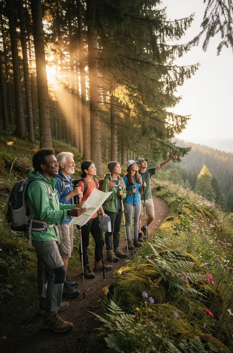Interaktive Planungsstation in einem Wanderzentrum mit digitalen Karten und GPS-Geräten zur Routenplanung.