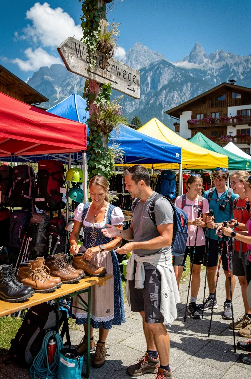 Mitarbeiter eines Wanderzentrums berät Kunden ausführlich zu sicheren und nachhaltigen Wandertouren.