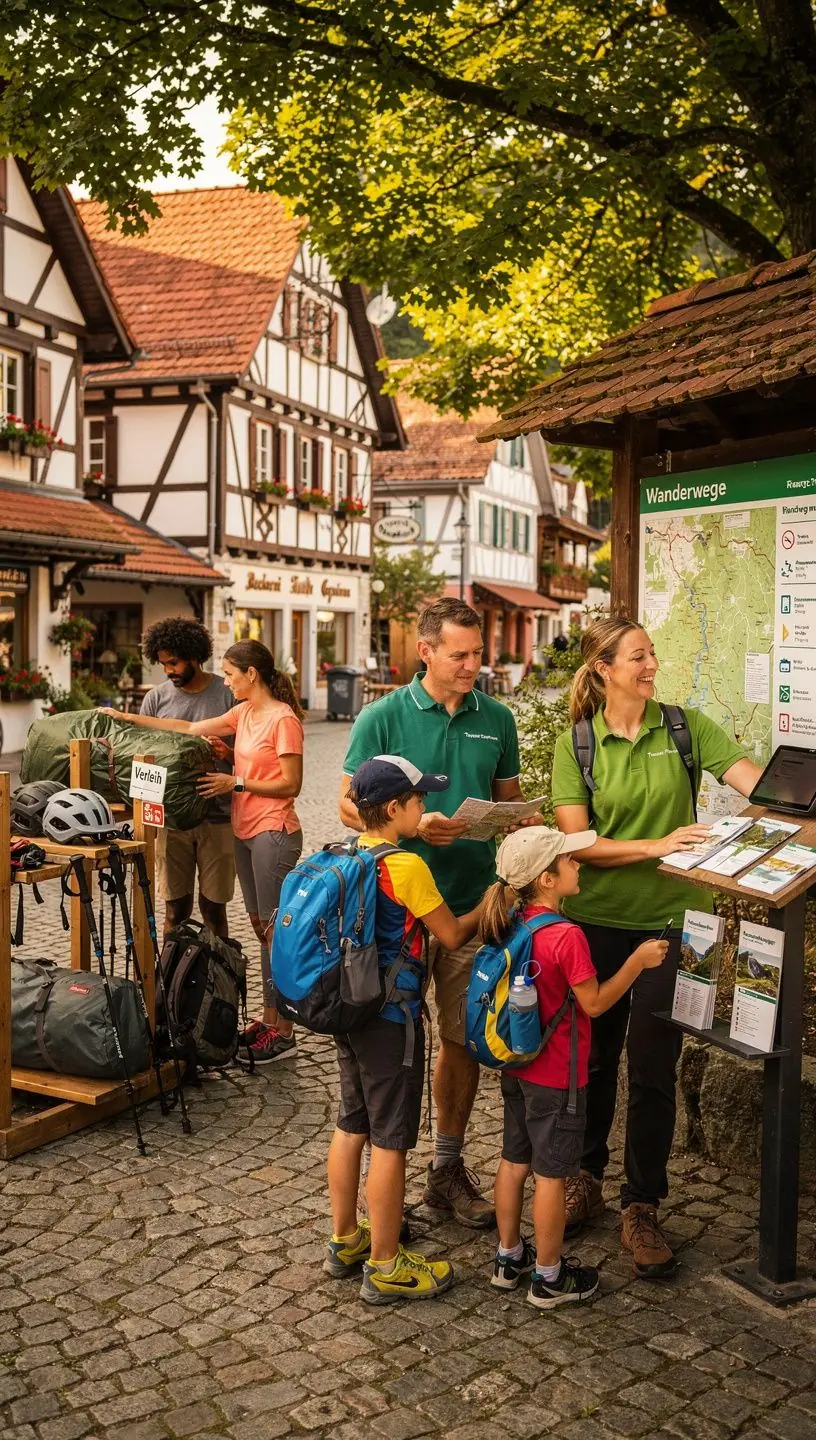 Verleih von hochwertiger Wanderausrüstung einschließlich Rucksäcken, Wanderstöcken und wetterfester Kleidung.