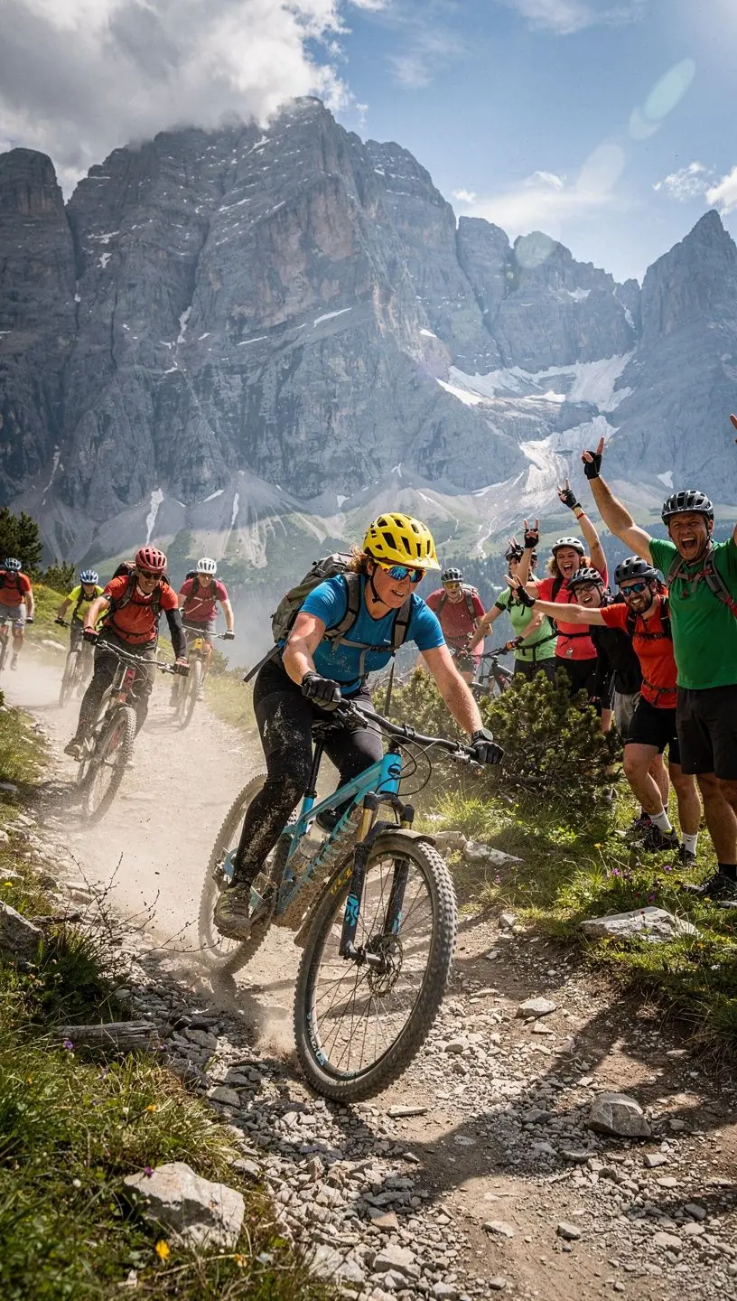 Professioneller Wanderführer erklärt Wanderroute an einem Informationszentrum vor Alpenpanorama.